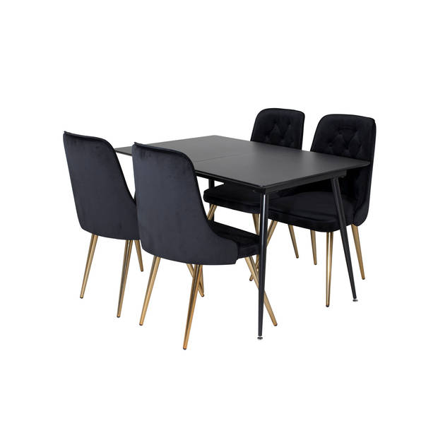 SilarBLExt eethoek eetkamertafel uitschuifbare tafel lengte cm 120 / 160 zwart en 4 Velvet Deluxe eetkamerstal velours