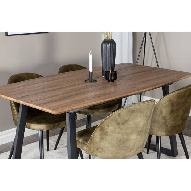 IncaNABL eethoek eetkamertafel uitschuifbare tafel lengte cm 160 / 200 el hout decor en 4 Velvet eetkamerstal velours