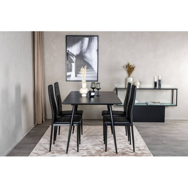 SilarBLExt eethoek eetkamertafel uitschuifbare tafel lengte cm 120 / 160 zwart en 4 Slim High Back eetkamerstal PU