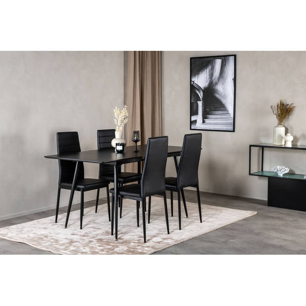 SilarBLExt eethoek eetkamertafel uitschuifbare tafel lengte cm 120 / 160 zwart en 4 Slim High Back eetkamerstal PU