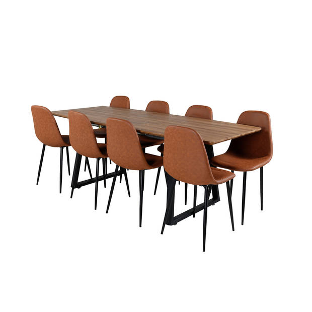 IncaNABL eethoek eetkamertafel uitschuifbare tafel lengte cm 160 / 200 el hout decor en 8 Polar eetkamerstal PU