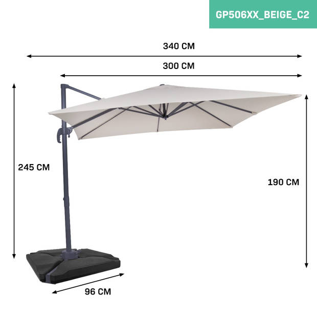 VONROC Zweefparasol Pisogne 300x300cm – Premium parasol - Beige Incl. 4 vulbare tegels