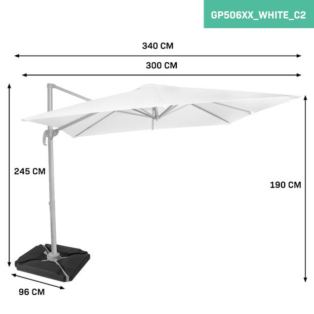 VONROC Zweefparasol Pisogne 300x300cm – Premium parasol - Wit Incl. 4 vulbare tegels