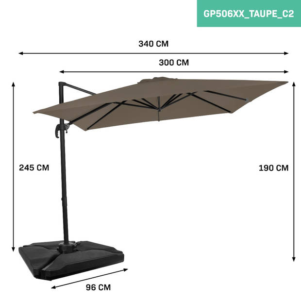 VONROC Premium Zweefparasol Pisogne 300x300cm – Incl. vulbare tegels, kruisvoet & beschermhoes – Vierkante parasol – 360