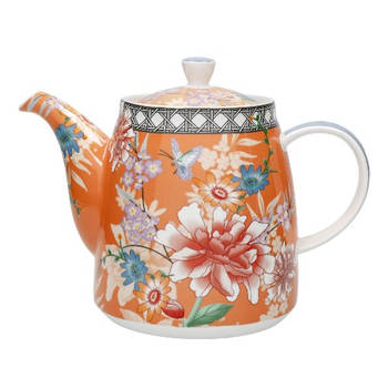 London Pottery - Theepot met Theefilter, 1 L, Bel Vormig, Porselein, Koraal, Bloemen - London Pottery