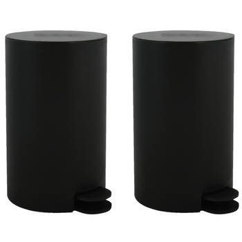 MSV kleine pedaalemmer - 2x - kunststof - zwart - 3L - 15 x 27 cm - Badkamer/toilet - Pedaalemmers