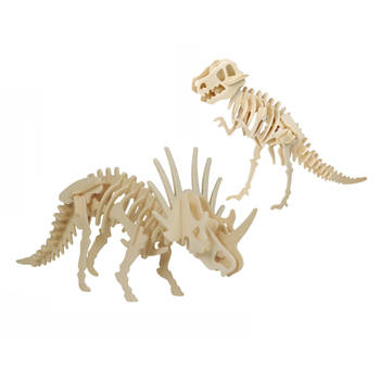 Houten 3D dino puzzel bouwpakket set T-rex en styracosaurus - 3D puzzels