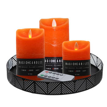 LED kaarsen - 3x st - oranje - met zwart rond dienblad 29,5 cm - LED kaarsen
