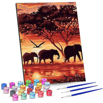 Rubye® Schilderen Op Nummer Volwassenen – Olifanten Familie – Met Canvas Schildersdoek en Penselen - 40x50cm