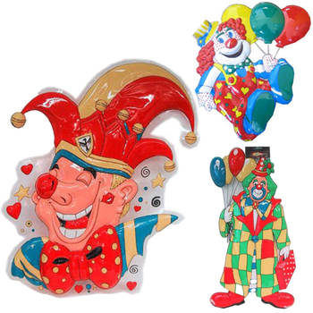 Carnaval versiering clowns - 3x grote wand decoraties 60 cm - Feestpakketten