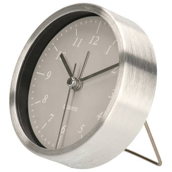 Gerimport Wekker/alarmklok analoog - zilver/grijs - aluminium/glas - 9 x 2,5 cm - staand model - Wekkers