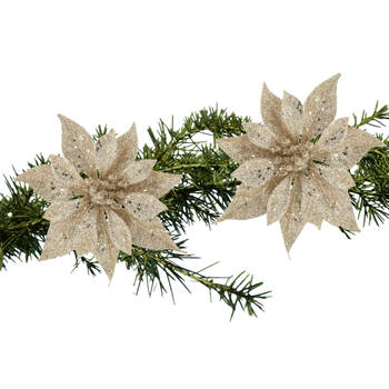2x stuks kerstboom bloemen roos champagne glitter op clip 10 cm - Kersthangers