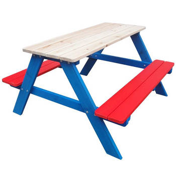 Picknicktafel, picknickbank kinderen, grenen hout, rood, wit, blauw