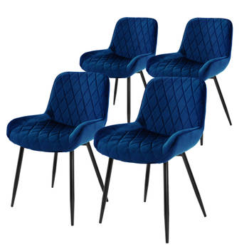 ML-Design Set van 4 Eetkamerstoelen Eetkamerstoel met rug en armleuningen, donkerblauw, fluwelen zitting, metalen poten