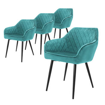 ML-Design Set van 4 eetkamerstoelen met armleuning en rugleuning, turquoise, keukenstoel met fluwelen bekleding