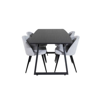 IncaBLBL eethoek eetkamertafel uitschuifbare tafel lengte cm 160 / 200 zwart en 4 Velvet eetkamerstal fluweel