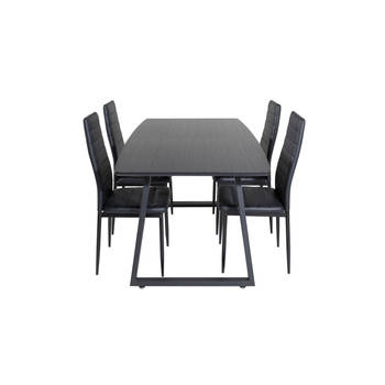 IncaBLBL eethoek eetkamertafel uitschuifbare tafel lengte cm 160 / 200 zwart en 4 Slim High Back eetkamerstal PU