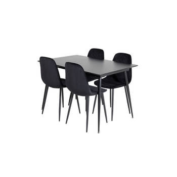 SilarBLExt eethoek eetkamertafel uitschuifbare tafel lengte cm 120 / 160 zwart en 4 Polar Diamond eetkamerstal velours