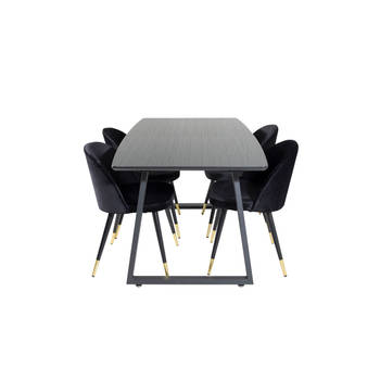 IncaBLBL eethoek eetkamertafel uitschuifbare tafel lengte cm 160 / 200 zwart en 4 Velvet eetkamerstal velours zwart,