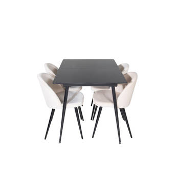 SilarBLExt eethoek eetkamertafel uitschuifbare tafel lengte cm 120 / 160 zwart en 4 Velvet eetkamerstal velours beige,