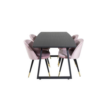 IncaBLBL eethoek eetkamertafel uitschuifbare tafel lengte cm 160 / 200 zwart en 4 Velvet eetkamerstal velours roze,