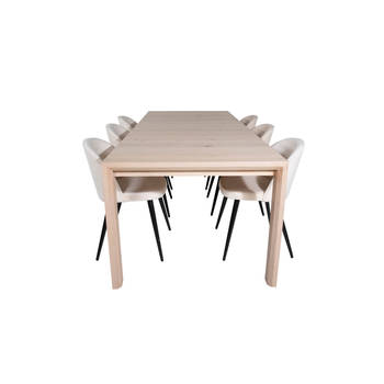 SliderWW eethoek eetkamertafel uitschuifbare tafel lengte cm 170 / 250 eik wit washeded en 6 Velvet eetkamerstal velours