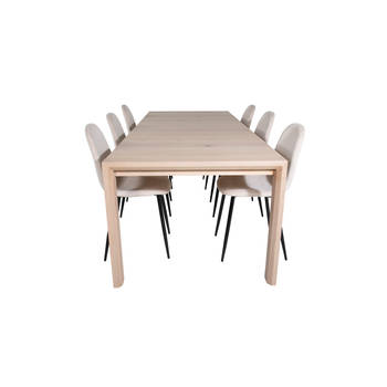 SliderWW eethoek eetkamertafel uitschuifbare tafel lengte cm 170 / 250 eik wit washeded en 6 Polar eetkamerstal velours