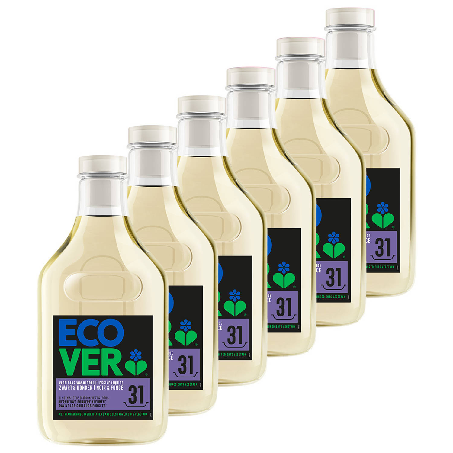 Ecover - Vloeibaar Wasmiddel Zwart & Donker - Limoen & Lotus - Hernieuwt donkere kleuren - 6 x 1,43L - Voordeelverpakking