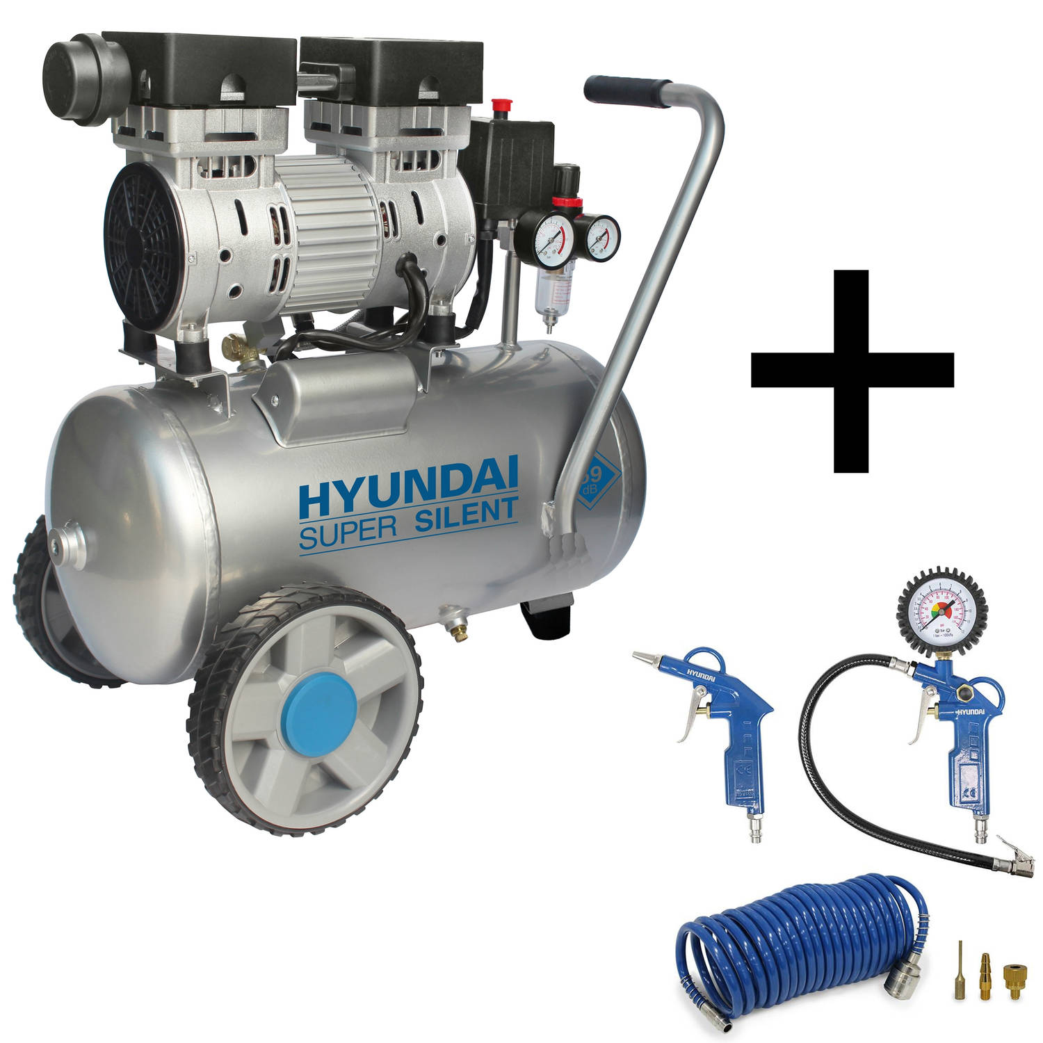 Hyundai stille 59dB compressor 24 liter 8 BAR olievrij Low Noise- Incl. 6-delige accessoireset