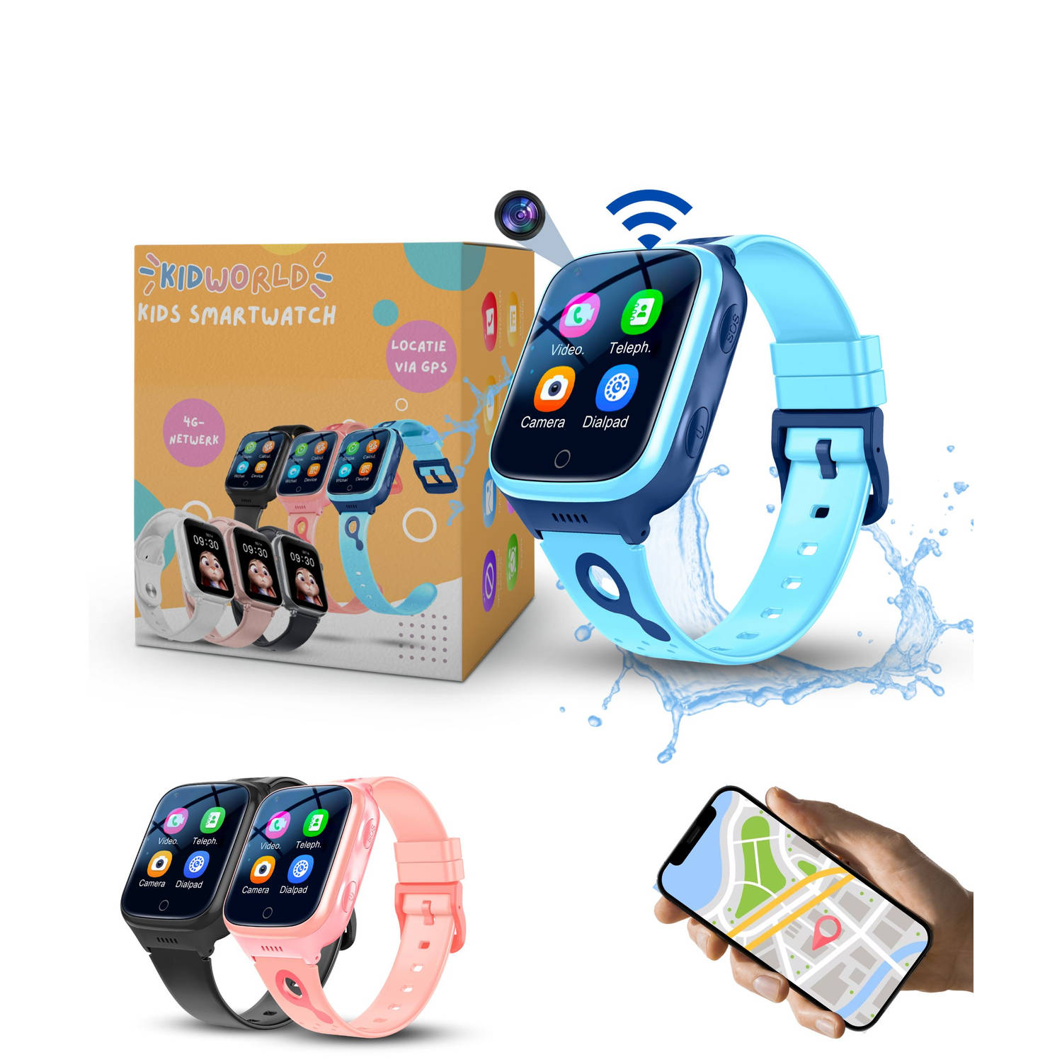 KidWorld Smartwatch Kinderen Blauw Met HD-camera, GPS en 4G Verbinding 1000 mAh Batterij