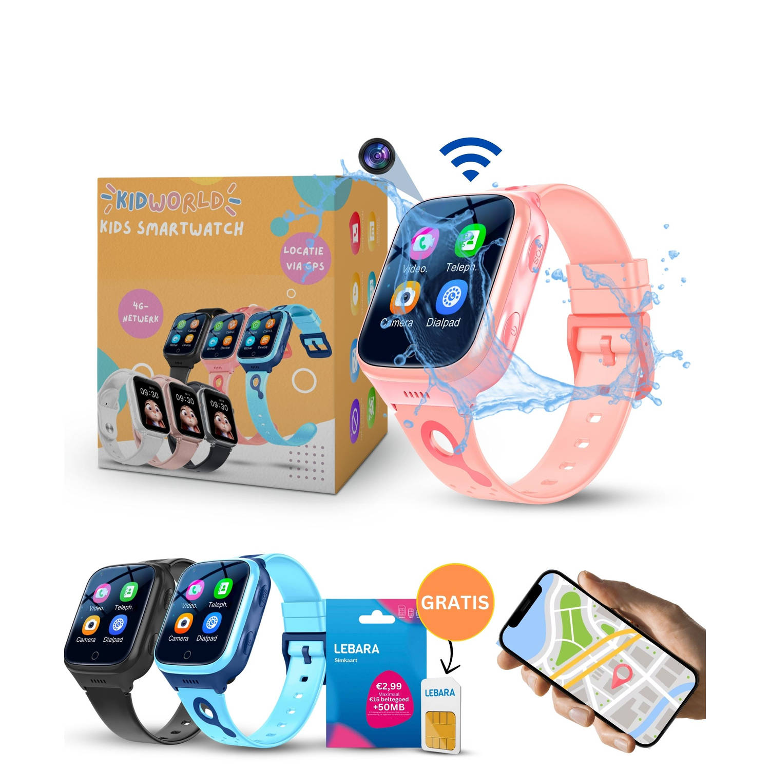KidWorld Smartwatch Kinderen Roze Met HD-camera, GPS en 4G Verbinding 1000 mAh Batterij