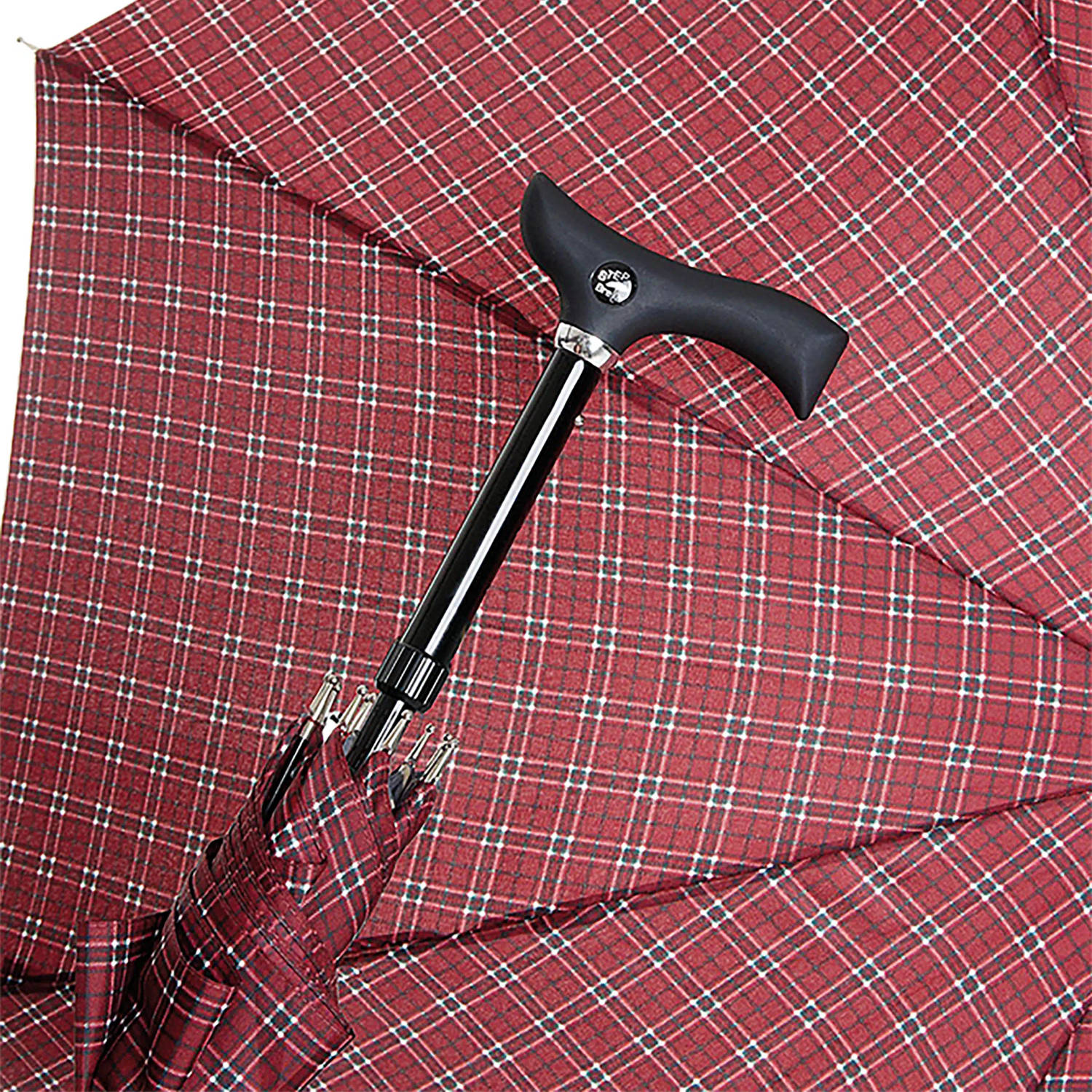 Gastrock Verstelbare paraplu wandelstok - Rood geblokt - Lengte 83 tot 93 cm - Fritz handvat - Polyesterdoek 104 cm
