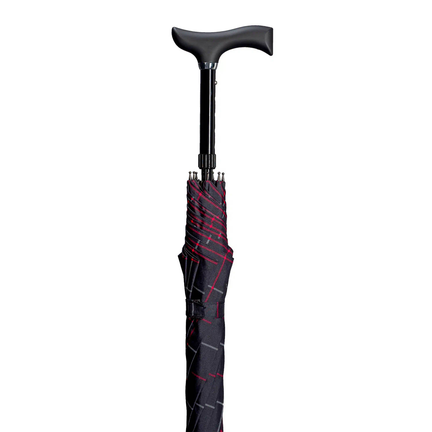 Gastrock Verstelbare wandelstok paraplu – Rood met zwart geblokt - Verstelbaar van 84 tot 92 cm - Aluminium frame - Fritz handvat van acetaat - Doorsnee doek 104 cm - Uitschuifbare