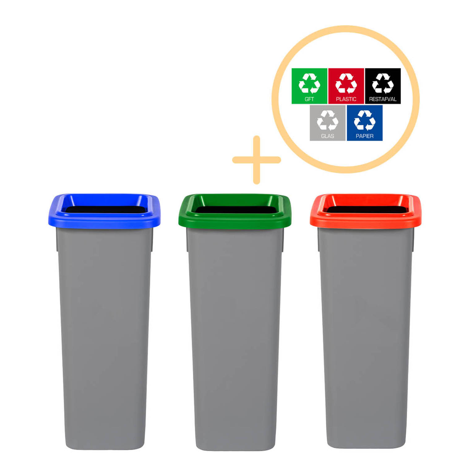 Plafor Fit Bin, Prullenbak voor afvalscheiding - 20L – Set van 3, Blauw/Groen/Rood - Inclusief 5-delige Stickerset - Afvalbak voor gemakkelijk Afval Scheiden en Recycling - Afvalem