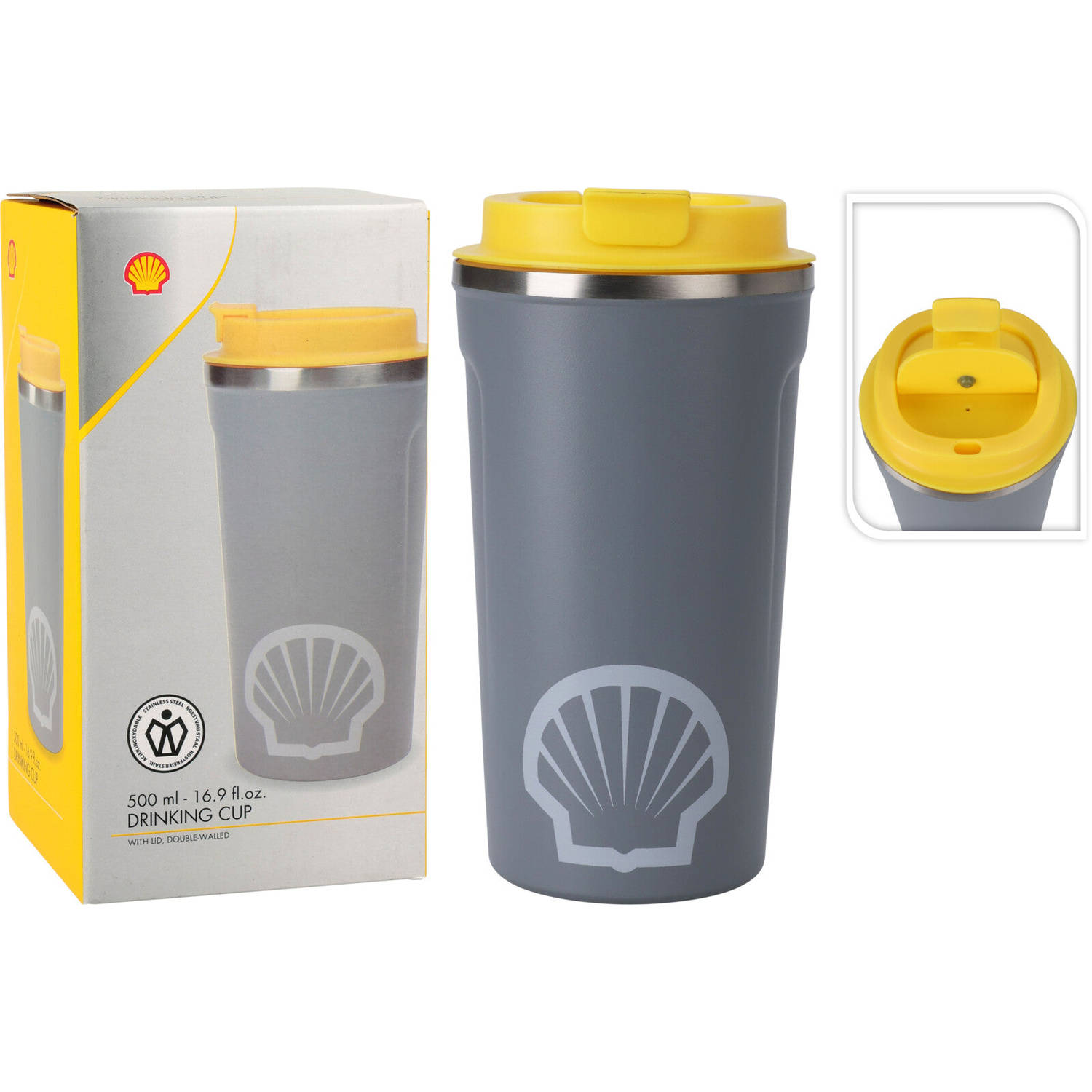 Shell Drinkbeker - Drinkfles - Waterfles To Go - 500ml - BPA-Vrij - Grijs/Geel
