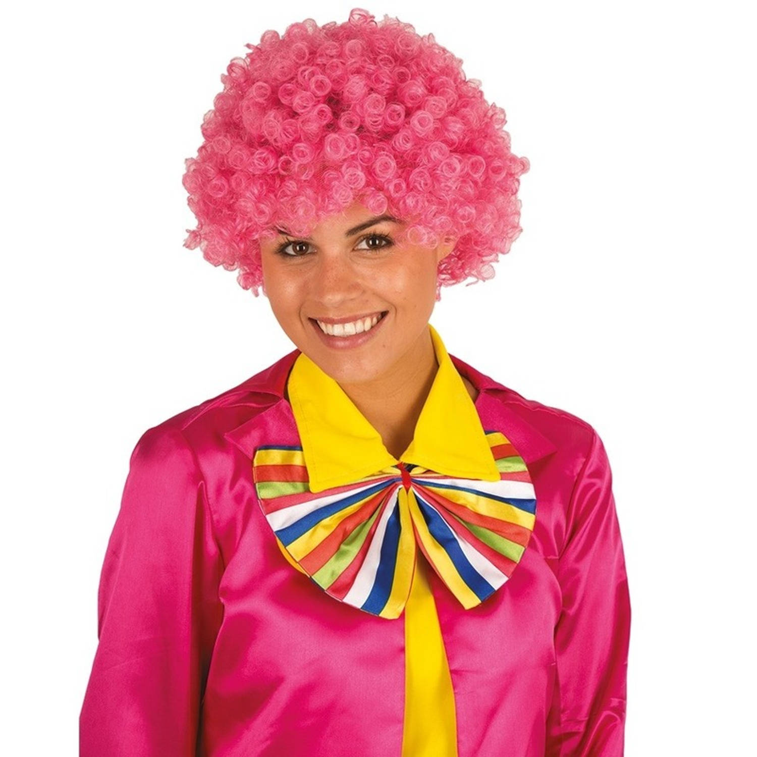 Roze clownspruik afro voor volwassenen met krulletjes