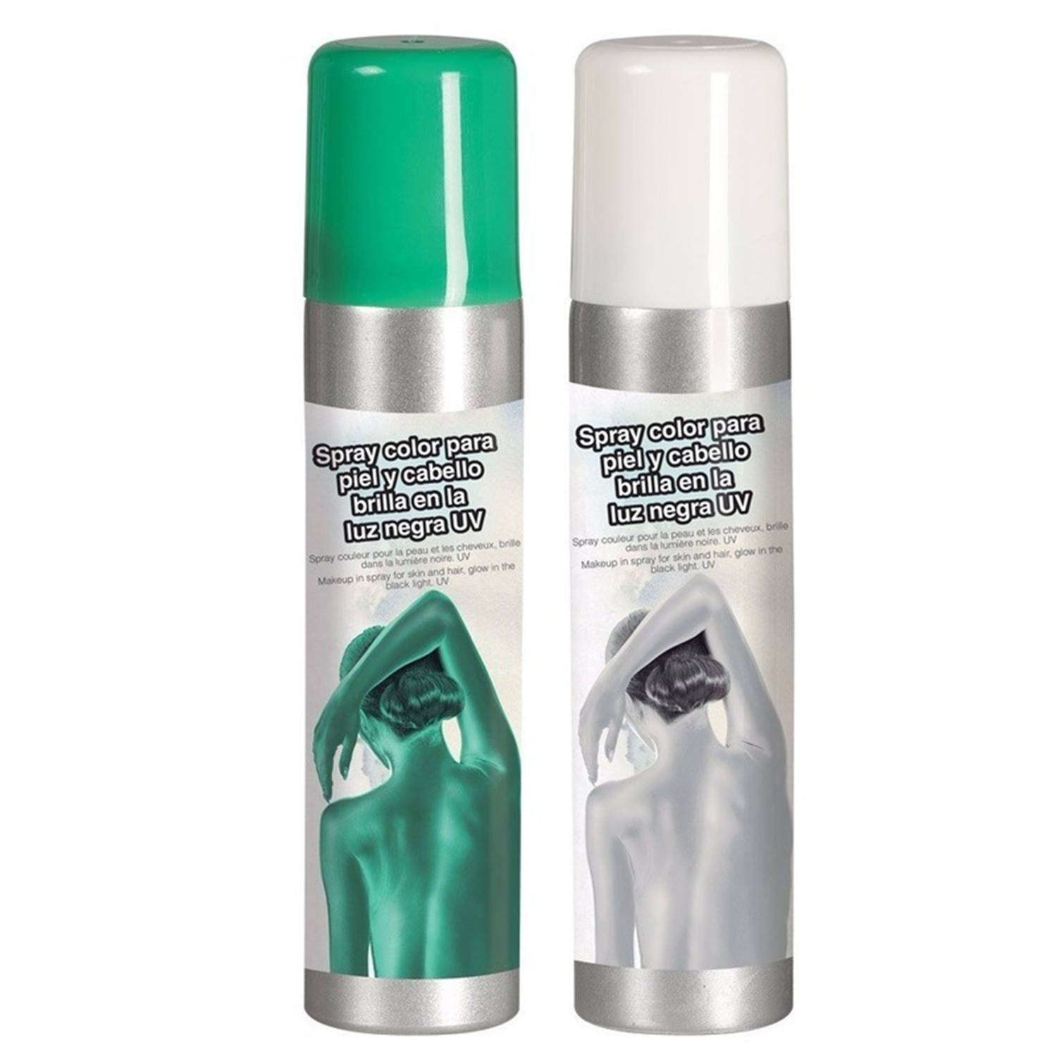 Guirca Haarspray-bodypaint spray 2x kleuren wit en groen 75 ml Verkleedhaarkleuring