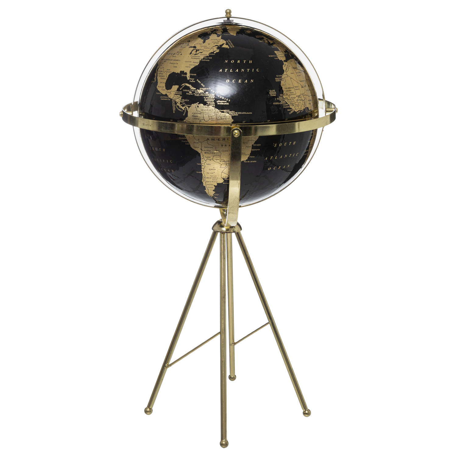 Decoratie wereldbol/globe zwart/goud op metalen voet D34 x H60 cm