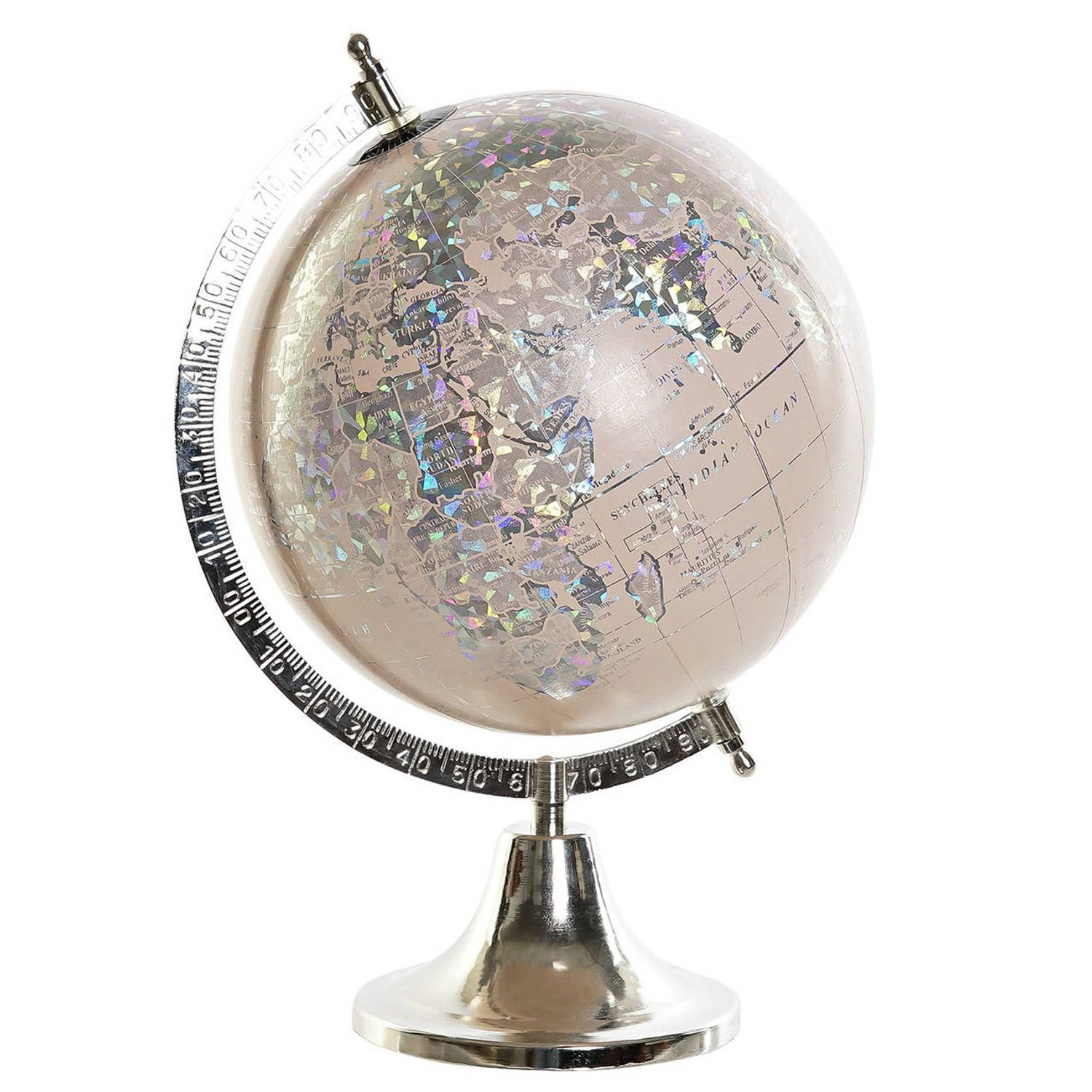Items Wereldbol Globe Lichtroze- Zilver Metalen Voet 22 X 40 Cm