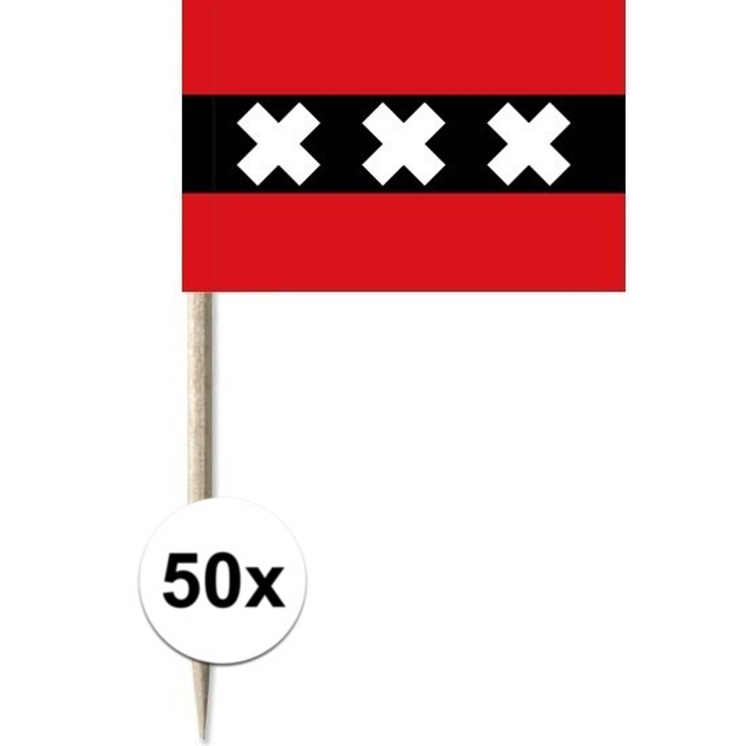 50x Vlaggetjes prikkers Amsterdam 8 cm hout-papier Cocktailprikkers