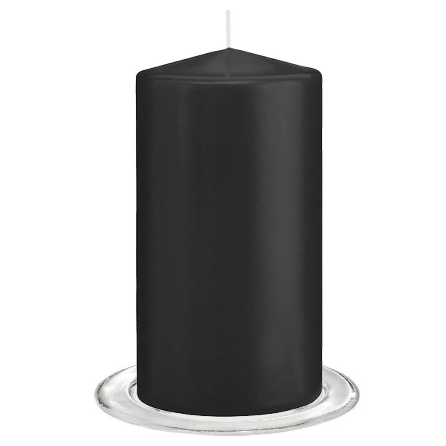 Trend Candles Stompkaarsen met glazen onderzetters set van 2x stuks zwart 8 x 15 cm Stompkaarsen