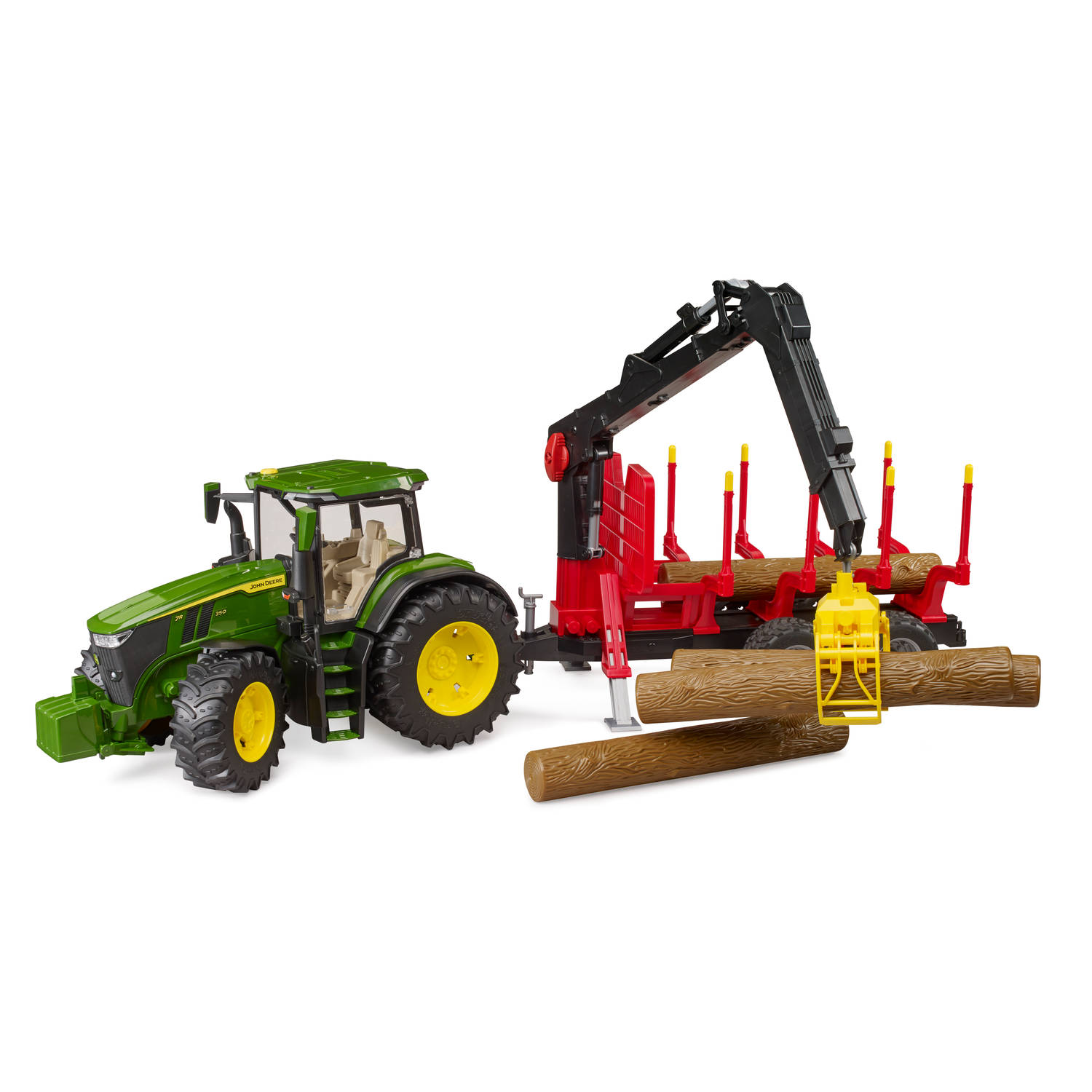 Bruder Bruder John Deere tractor 7R 350 met houtbouw aanhanger en 4 boomstammen