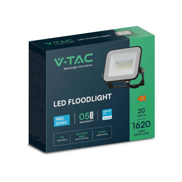V-TAC VT-44020 Zwarte LED Schijnwerpers - Samsung - IP65 - 20W - 1620 Lumen - 4000K - 5 Jaar