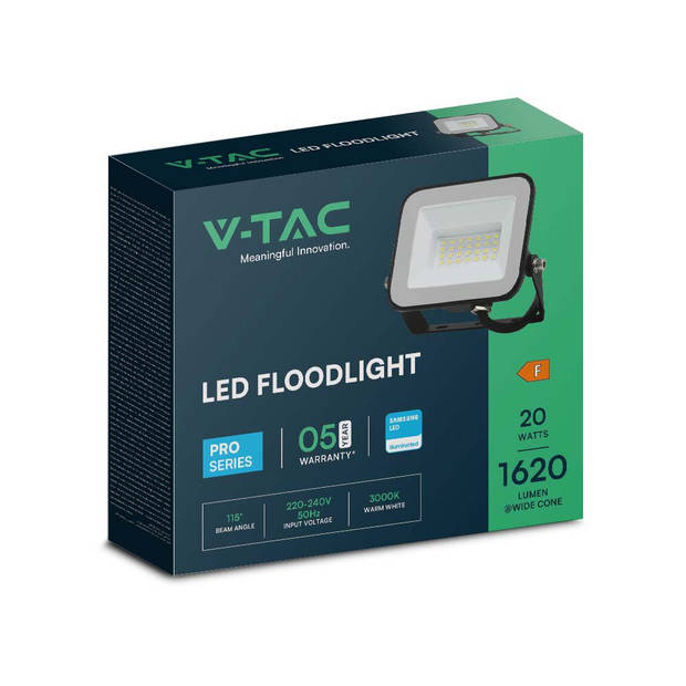 V-TAC VT-44020-B Zwarte LED Schijnwerpers - Samsung - IP65 - 20W - 1620 Lumen - 6500K - 5 Jaar