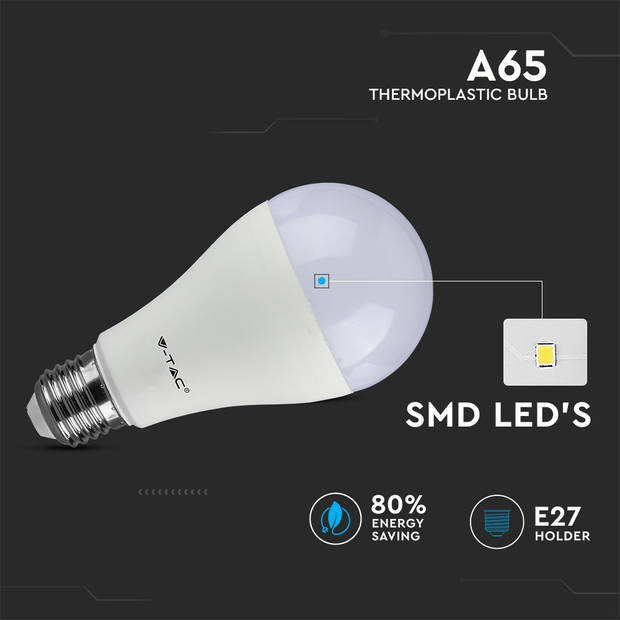 V-TAC VT-2015 LED E27 Lampvoet - 15W - Warmwit 3000K - SMD - Wit - A65 - Thermoplastisch - 66,5x134mm - IP20 - 20.000