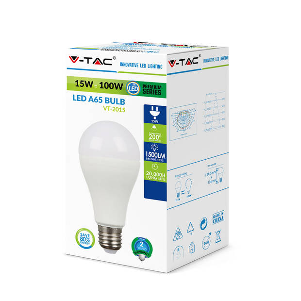 V-TAC VT-2015 LED E27 Lampvoet - 15W - Warmwit 3000K - SMD - Wit - A65 - Thermoplastisch - 66,5x134mm - IP20 - 20.000