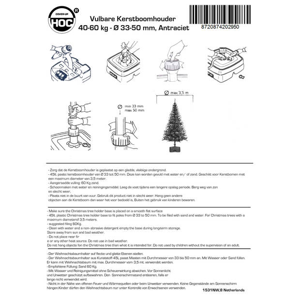 CUHOC - kerstboomstandaard / kerstboomvoet verrijdbaar - diameter van 33-50mm - Grijs - Vulbaar tot 60 kg