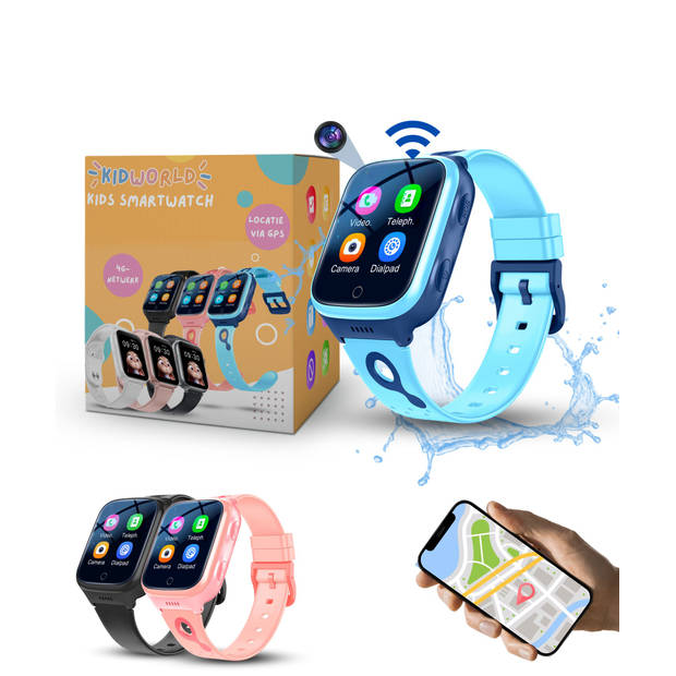 KidWorld Smartwatch Kinderen Blauw Met gratis Lebara simkaart incl. €15 beltegoed en 50MB 1000 mAh Batterij