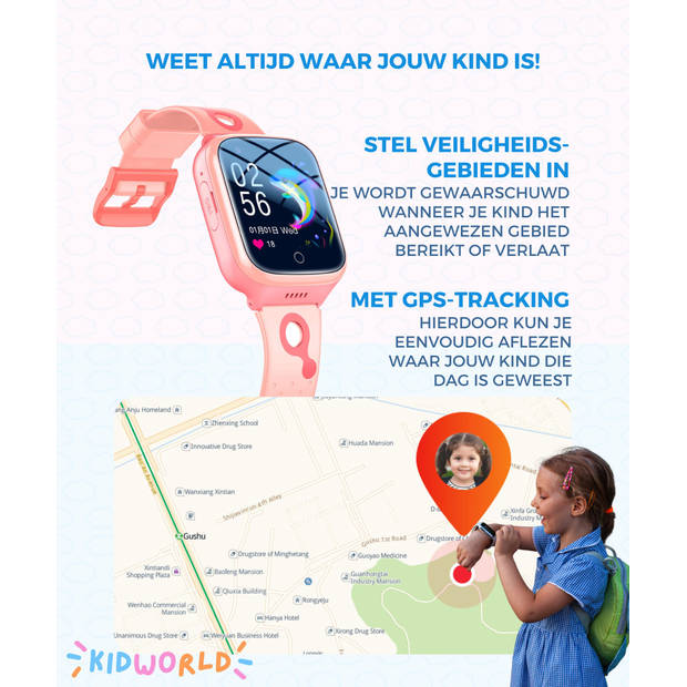 KidWorld Smartwatch Kinderen Roze Met gratis Lebara simkaart incl. €15 beltegoed en 50MB 1000 mAh Batterij
