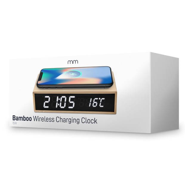 Bamboo wekker met Draadloze Oplader - Bamboo Wireless Charger Clock - Original